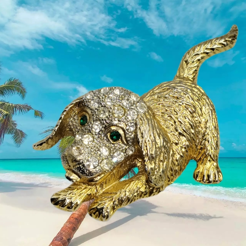 Gold Tone Puppy with Green Eyes Brooch